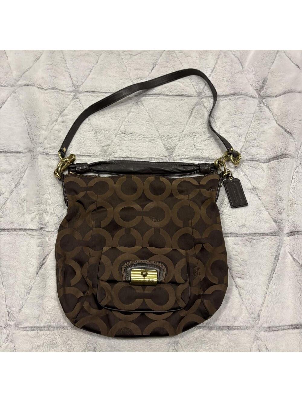 Coach Brown Signature Canvas Shoulder Bag Women's Medium Leather Trim
